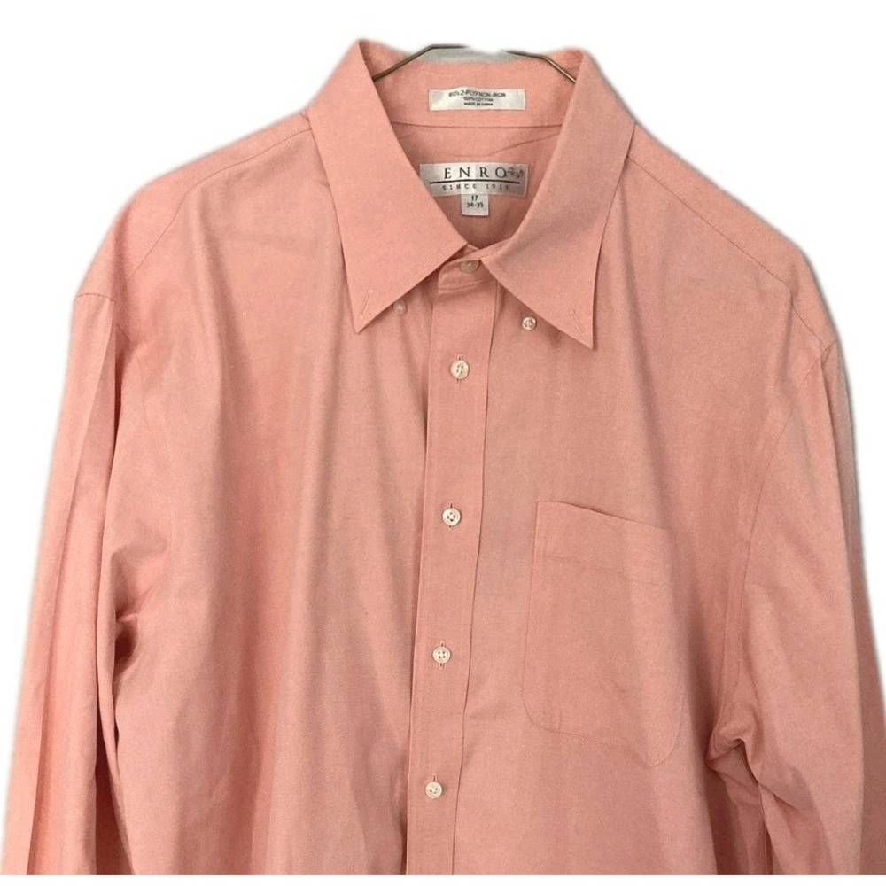 Enro Shirt Mens 17 34/35 Pink Non Iron Dress Long Sleeve Pocket Cotton Business